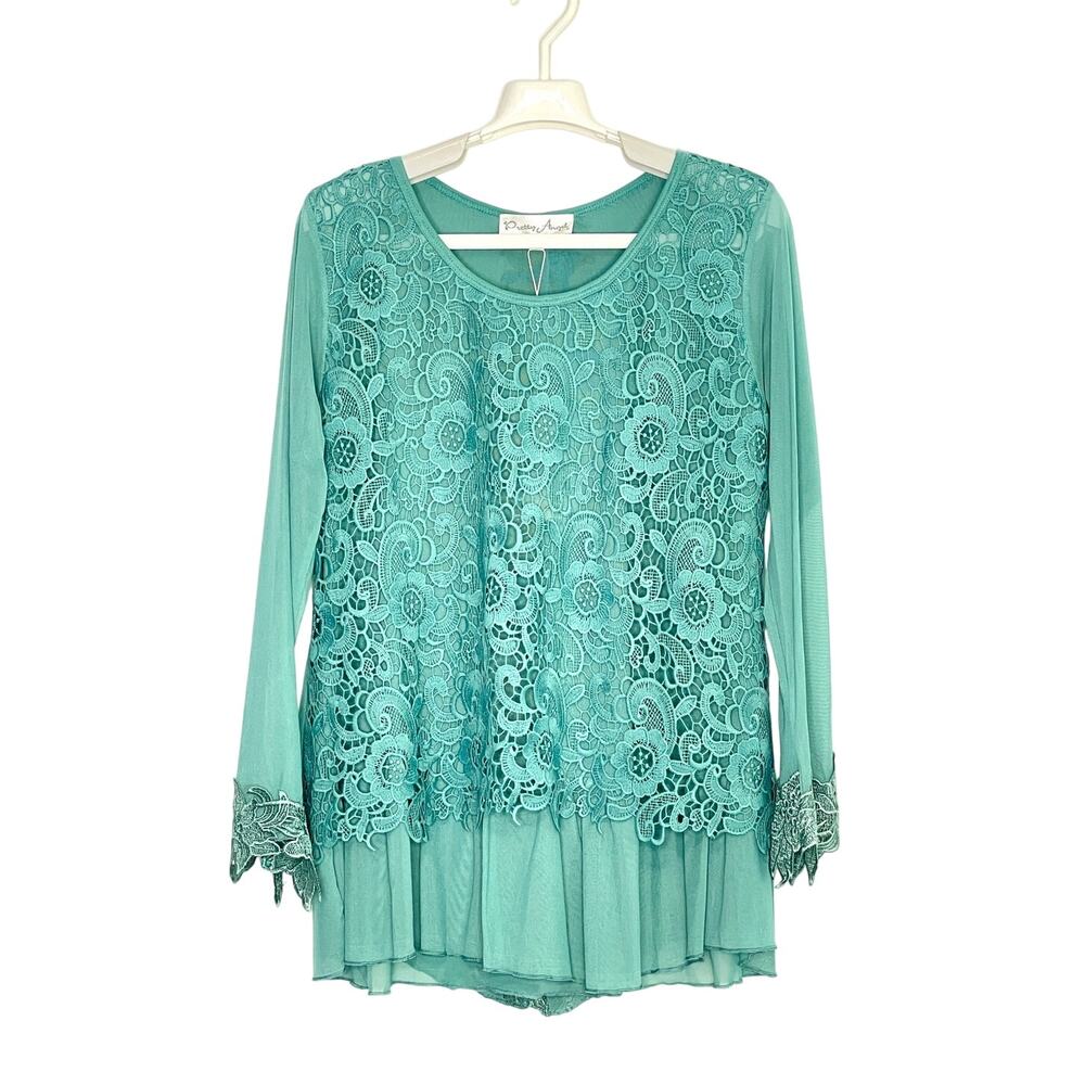 Pretty Angel Teal Lace Overlay Mesh Long Sleeve Tunic Size Large  NEW